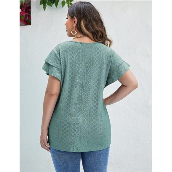 Womens Plus Size T Shirt V Neck Loose Fit Ruffle Sleeve Summer Hollow Casual Top - Picture 4 of 7